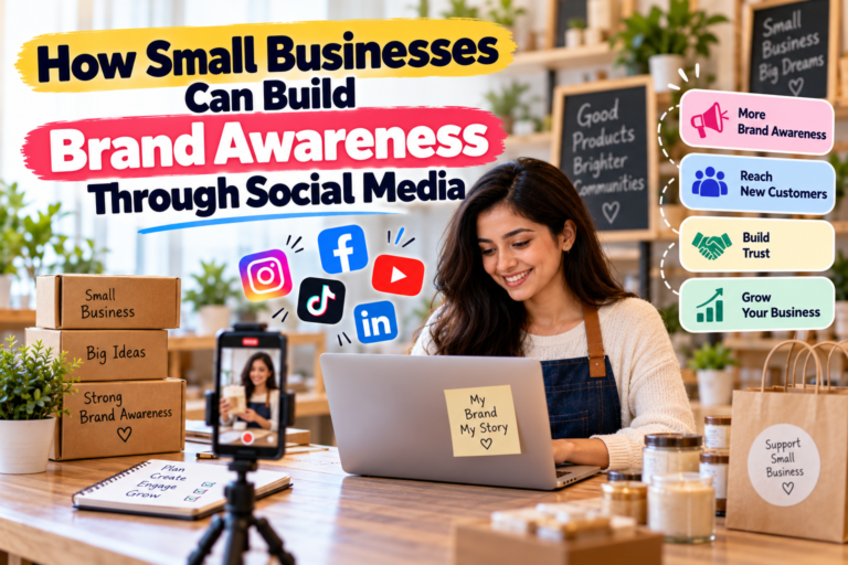 Small business owner using a laptop for social media marketing to build brand awareness, reach new customers, build trust, and grow her business online.